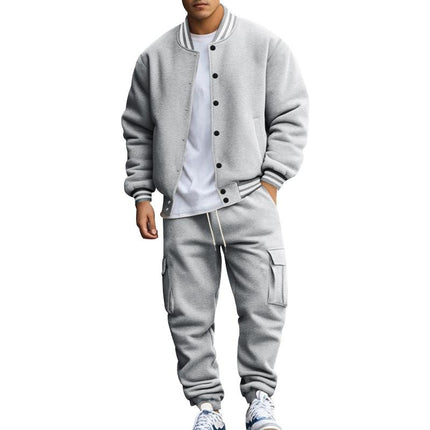 Men's Baseball Jacket Set | Stand Collar Jacket with Ribbed Detailing | Slim-Fit Trousers | Soft Breathable Fabric | Full Zip-Up | Casual Sportswear | Elastic Waist with Drawstring | Side & Back Pockets