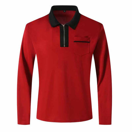 Men's Long Sleeve Polo Shirt | Color Block Design | Pocket Detail | Soft Cotton Blend | Buttoned Placket
