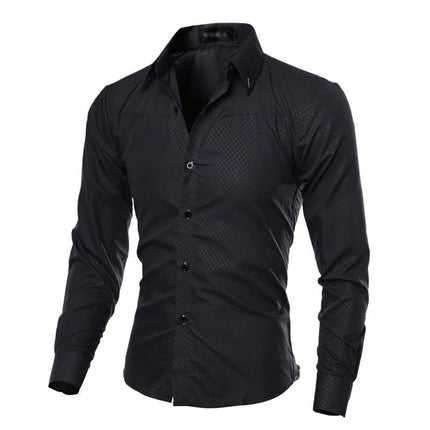 Men's Diamond Pattern Long Sleeve Dress Shirt | Cotton Blend | Elegant Design | Dark Hue | Formal Casual Versatile Style