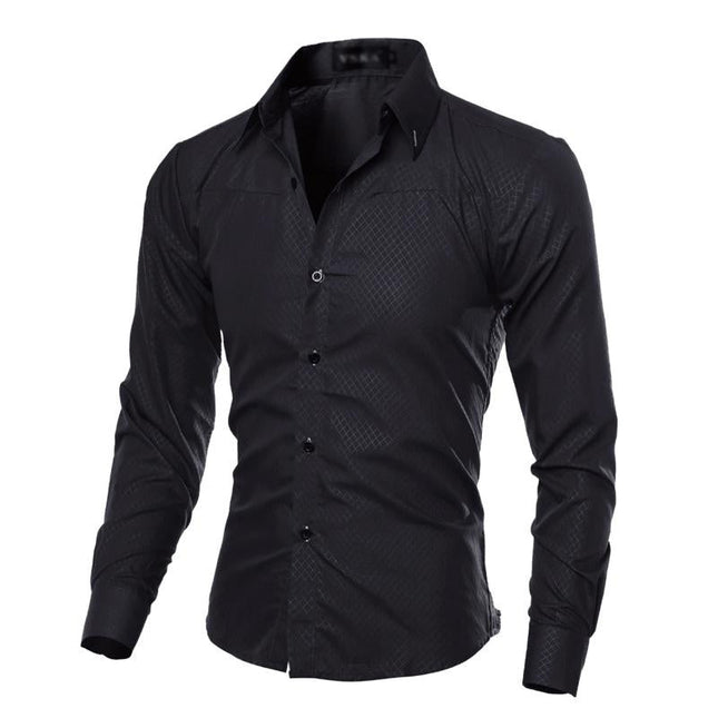 Men's Diamond Pattern Long Sleeve Dress Shirt | Cotton Blend | Elegant Design | Dark Hue | Formal Casual Versatile Style