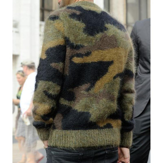 Men's Faux Mohair Sweater | Vintage Camouflage Jacquard | Crew Neck | Long Sleeve | Ribbed Cuffs and Hem | Warm and Stylish | Casual Fall Winter | High-Quality Soft Knit | Classic Timeless Design