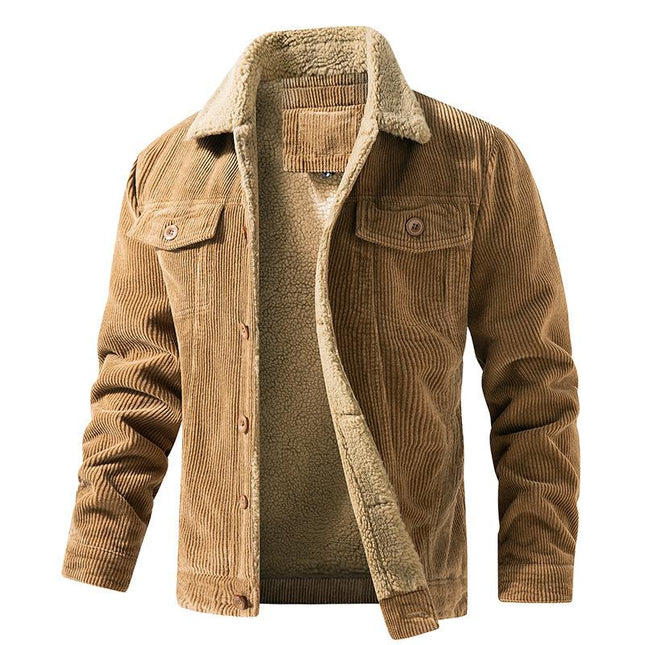 Men's Vintage Corduroy Jacket | Solid Color | Plush Faux-Fur Collar | Long Sleeves | Button Cuffs | Regular Fit | Waist Length | Soft Durable Corduroy Fabric | Fall Winter Outerwear | Casual Stylish Design