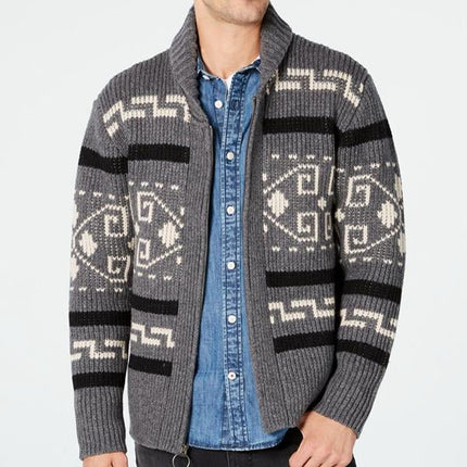 Men's Knitted Cardigan Jacket | Geometric Print Lapel | Zipper Closure | Loose Fit | Long Sleeve | Cozy Sweater for Spring Autumn Winter