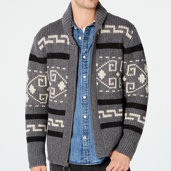 Men's Knitted Cardigan Jacket | Geometric Print Lapel | Zipper Closure | Loose Fit | Long Sleeve | Cozy Sweater for Spring Autumn Winter