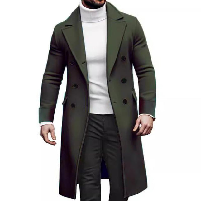 Men's Double-breasted Mid-length Coat | Solid Color | Notched Lapel | Long Sleeve | High-quality Wool Blend | Elegant Outerwear for Formal and Casual | Available in Black, Navy Blue, Charcoal Grey, Camel