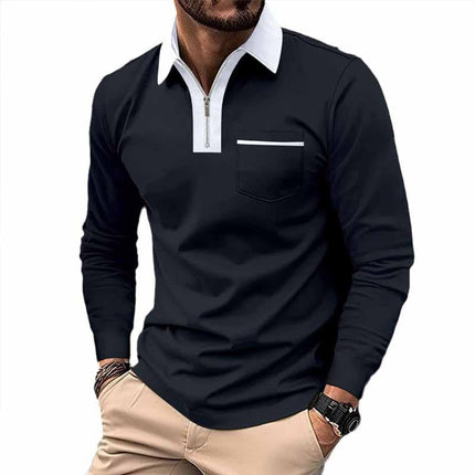 Men's Long Sleeve Polo Shirt | Color Block Design | Pocket Detail | Soft Cotton Blend | Buttoned Placket