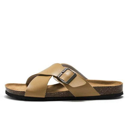 Men's Cross Strap Sandals | Soft Leather Upper | Cork Midsole | Slip-On Style | Durable EVA Outsole | Ideal for Summer Activities