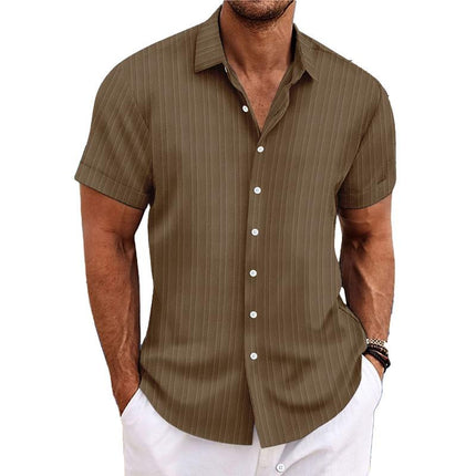 Men's Cotton Linen Blend Shirt | Stripe Print | Loose Short Sleeve | Lapel Collar | Breathable Fabric | Casual Dress Shirt
