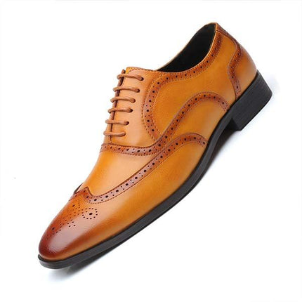 Men's Brown Leather Brogue Oxford Shoes | Cap Toe Dress Shoes | Flexible Rubber Sole | Formal Business Footwear | Glossy Polished Finish | Wedding & Party Ready