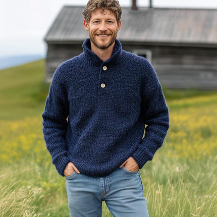 Men's Dark Blue Stand Collar Knit Sweater | Two-Button Detail | Vintage Style | Cotton Wool Blend | Long Sleeves | Ribbed Cuffs | Sophisticated Design | Versatile Cold Weather Wear | Textured Knit Pattern