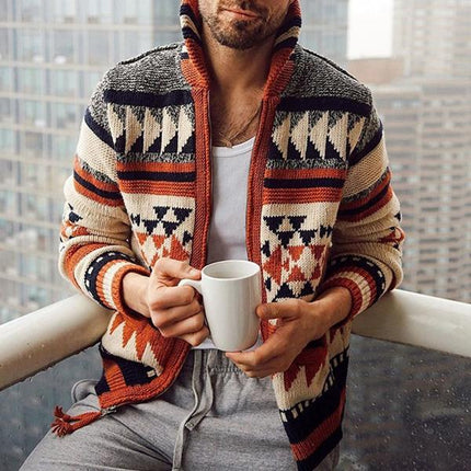 Men's Cardigan Sweater | Geometric Zip-Up Design | Soft Warm Fabric | Casual to Chic Versatile Style | Modern Fit | Eye-Catching Pattern | Comfortable Layering | High-Quality Tailored Outerwear