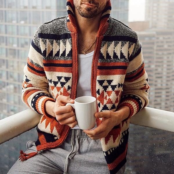Men's Cardigan Sweater | Geometric Zip-Up Design | Soft Warm Fabric | Casual to Chic Versatile Style | Modern Fit | Eye-Catching Pattern | Comfortable Layering | High-Quality Tailored Outerwear