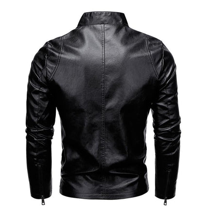 Men's Black Leather Jacket | Stand Collar | Long Sleeve | Zipper Closure | Side Seam Pockets | Handcrafted Quality | Casual Street Style | Charismatic & Trendy