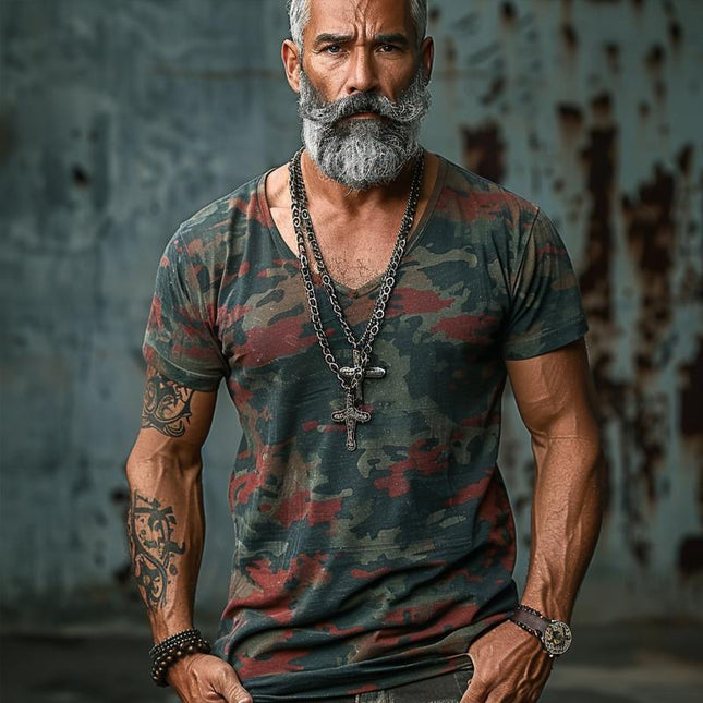 Men's Camouflage Print V-Neck T-Shirt | Regular Fit Short Sleeve | Cotton Polyester Blend | Trendy Outdoor Casual Wear | Pair with Jeans or Shorts | Machine Washable | Spring Summer Fashion