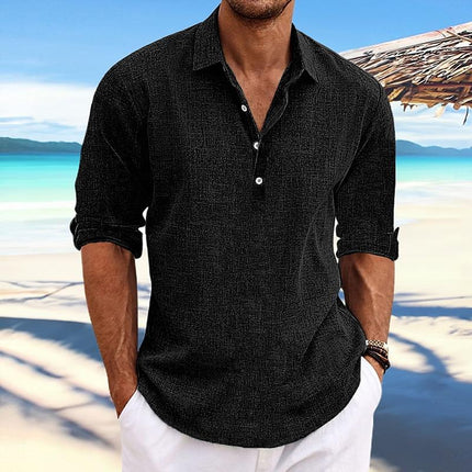 Men's Solid Color Pullover Shirt | Cotton & Linen Blend | Lapel Collar | Roll-Up Sleeves | Casual Long Sleeve Top | Breathable Fabric | Versatile Style
