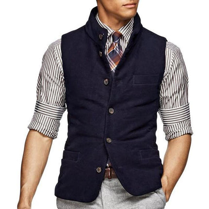 Men's Vintage Suede Vest | Stand Collar | Single Breasted | Tailored Fit | High-Quality Fabric | Solid Color | Sleeveless | Button Closure | Antique Brass Accents | Versatile Styling