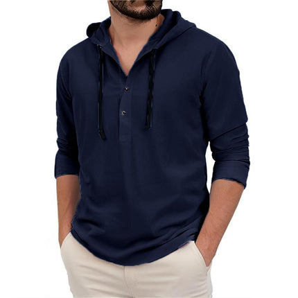 Men's Solid Button Hooded Shirt | Long Sleeve | Casual Fit | Soft Cotton Blend | Hooded Neckline | Versatile Layering | Lightweight Comfort | Machine Washable | Ideal Spring & Fall Top