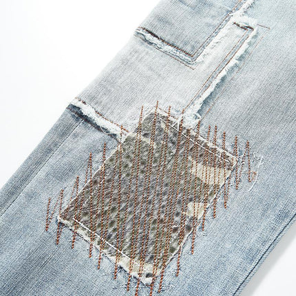 Men's Jeans | Patchwork Embroidery | Regular Fit | Full Length | Durable Cotton-Blend Denim | Distressed Vintage Look | Classic Five-Pocket | Casual Streetwear Style | Comfortable Artistic Fashion