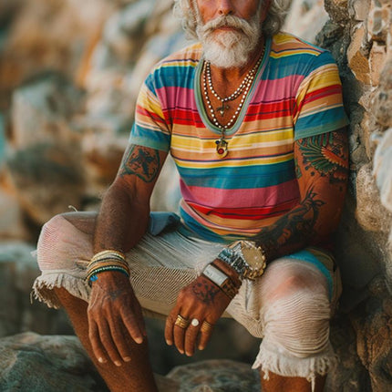 Men's T-Shirt | Vintage Rainbow Stripe Print | Crew Neck | Short Sleeve | 100% Cotton | Soft & Breathable | Casual Fit | Everyday Essential | Machine Washable