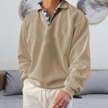 Men's Casual Loose Fit Sweatshirt | Long Sleeve V-Neck Plaid Stitching | Polyester Blend | Micro Elastic | Perfect for Spring and Autumn | Daily Wear Sports Outings | Street Urban Style