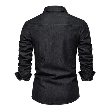 Men's Vintage Denim Shirt | Classic Button-Down Style | Premium Denim Fabric | Distressed Wash | Chest Pockets | Cuffed Sleeves | Comfortable Slim Fit | Versatile Casual and Smart-Casual Wear | Colors: Navy, Black