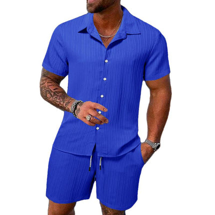 Men's Casual Set | Solid Color Striped Lapel Shirt | Short Sleeve | Tailored Shorts | Premium Fabric | Versatile Outfit | Stylish Designs | Comfortable Fit