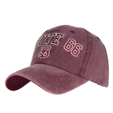 Distressed Cotton Route 66 Embroidered Cap | Unisex | Adjustable Strap | Breathable | Sun Protection | Casual Wear | Vintage Style | Weathered Look | Iconic Route 66 Design