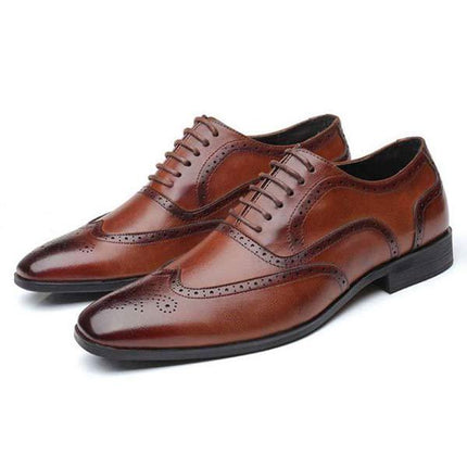 Men's Brown Leather Brogue Oxford Shoes | Cap Toe Dress Shoes | Flexible Rubber Sole | Formal Business Footwear | Glossy Polished Finish | Wedding & Party Ready