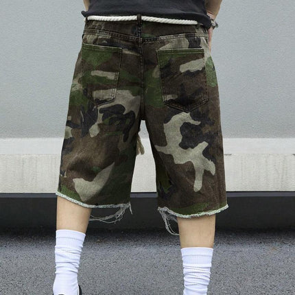 Men's Camouflage Slim Fit Cropped Trousers | Washed Ripped Distressed Design | Durable Cotton Spandex Blend | Vintage Soft Feel | Breathable Fabric | Casual Streetwear | Edgy Modern Style | Trendy Ankle Length