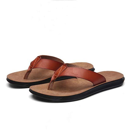 Men's Leather Beach Flip Flops | Round-Toe Sandals | Comfortable Flexible Outsole