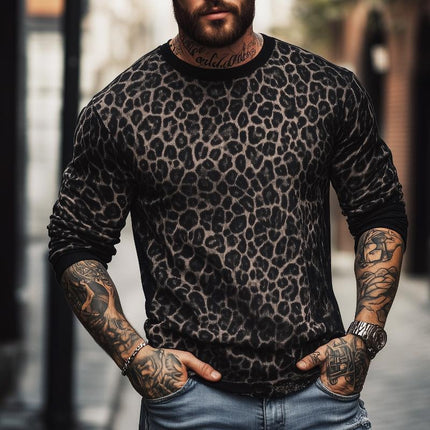 Men's Leopard Print T-Shirt | Round Neck | Colorblock Long Sleeve | Casual Retro Style | Blended Fabric | Four Seasons Wear | Choice of Sizes