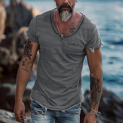 Men's Retro T-Shirt | Solid Color | Round Neck | Raw Edge Short Sleeve | Casual Fit | Vintage Inspired | Breathable Cotton | Versatile Style | Comfort All Seasons | Great with Jeans or Shorts