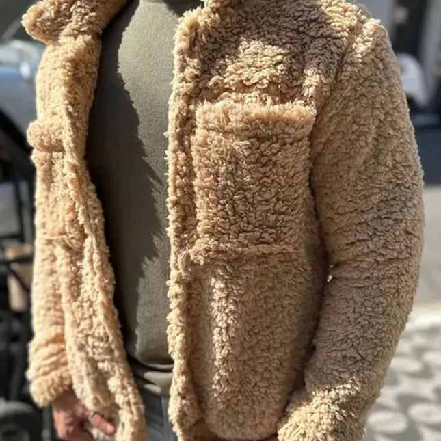 Sherpa Thermal Coat | Double Pocket Lapel Design | Single-Breasted Warm Jacket | Versatile Outerwear for Winter | Insulated Plush Fabric | Stylish Cold Weather Comfort