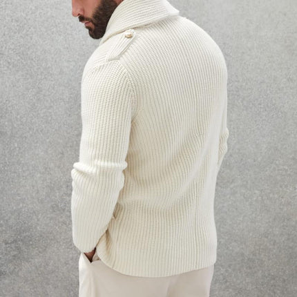 Men's Knitted Cardigan | Double Breasted | Lapel Design | Solid Color | High-Quality Fabric | Warm & Comfortable | Casual Fashion | Ribbed Details | Horn Buttons | Versatile Styling | Timeless Outerwear