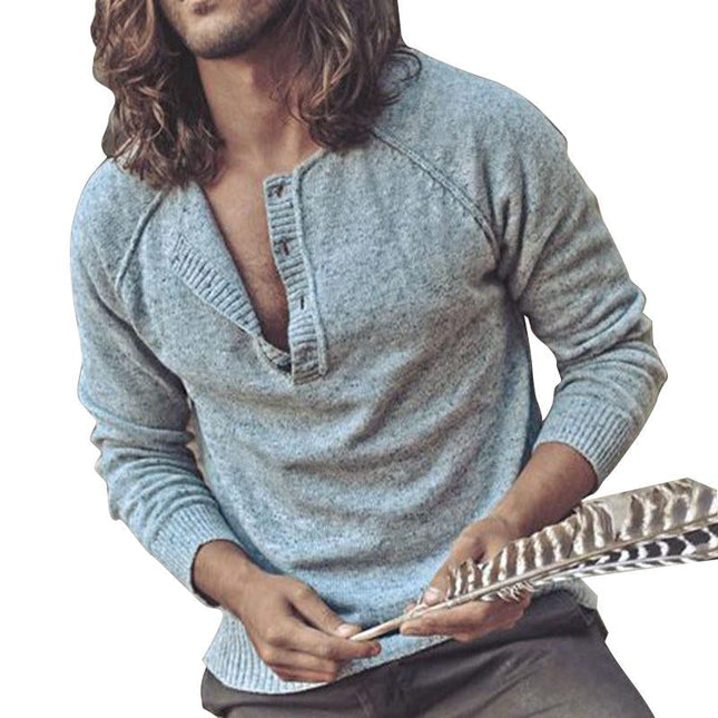 Men's Casual Knit Sweater | Cotton Blend | Long Sleeve V-Neck | Plain Design | Button Crew Neck | Rib-Stitch Hem & Cuffs | Raglan Sleeves | Autumn & Winter Wardrobe Essential | Comfortable & Breathable