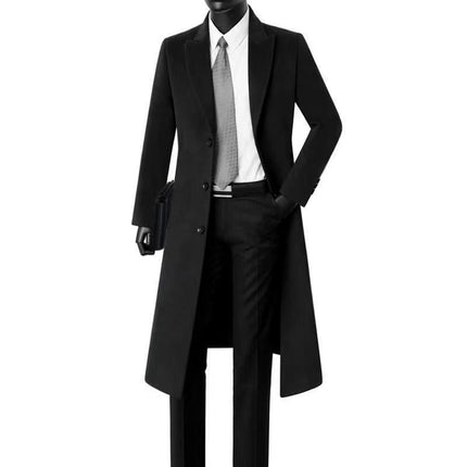 Men's Slim-Fit Long Trench Coat | British Style Outerwear | Classic Lapel Collar | All-Season Jacket | Black Grey Beige | Tailored Formal Look | Elegant Men's Coat | High-Quality Material