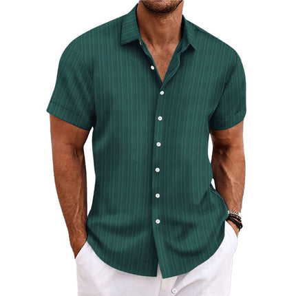 Men's Cotton Linen Blend Shirt | Stripe Print | Loose Short Sleeve | Lapel Collar | Breathable Fabric | Casual Dress Shirt
