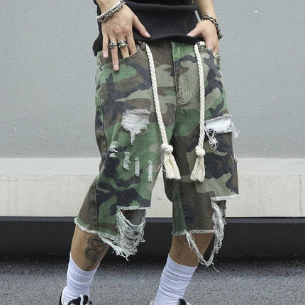 Men's Camouflage Ripped Cropped Trousers | Slim Fit | Cotton Spandex Blend | Vintage Washed | Casual Streetwear | Distressed Ankle Length Pants | Spring Summer Fall Fashion