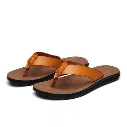 Men's Leather Beach Flip Flops | Round-Toe Sandals | Comfortable Flexible Outsole