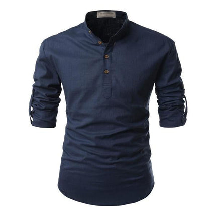 Men's 100% Cotton Linen Solid Color Stand Collar Dress Shirt | Long Sleeve | Neck Button Design | Casual Spring Summer Shirt | Breathable & Soft Fabric