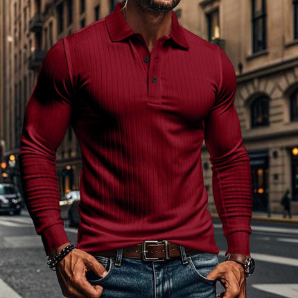 Men's Long Sleeve Polo Shirt | Casual Elastic Fit | Stretchy Fabric | Full-Length Sleeves | Classic Polo Collar | Button Placket | Available in Navy, Black, Gray, White, Burgundy | Comfortable & Versatile