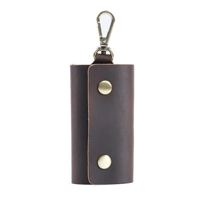 Cowhide Key Case for Men | Retro Casual Style | Waist Hanging Design | Button Closure | Short Length | Hook Element | Plain Pattern