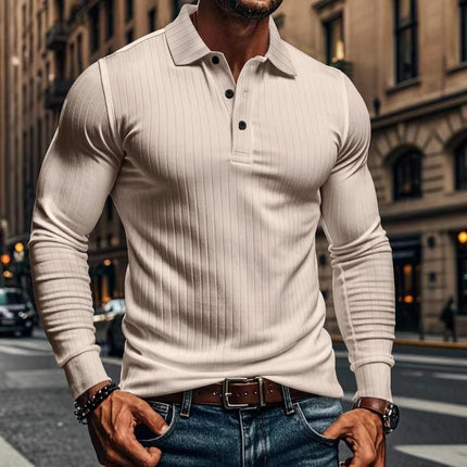 Men's Long Sleeve Polo Shirt | Casual Elastic Fit | Stretchy Fabric | Full-Length Sleeves | Classic Polo Collar | Button Placket | Available in Navy, Black, Gray, White, Burgundy | Comfortable & Versatile