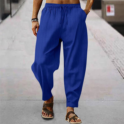 Men's Loose Fit Striped Trousers | Breathable Cotton Linen Blend | Casual Sports Pants | Elastic Drawstring Waistband | Stylish Comfortable Design | Ideal for Everyday Wear