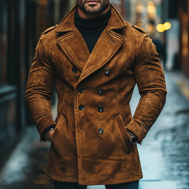 Men's Suede Hooded Double-Breasted Jacket | Vintage Casual Outerwear | Long Sleeve | Sizes S-3XL | Pockets | Spring Autumn Winter Fashion