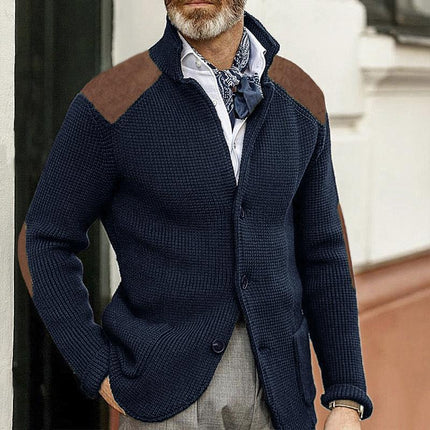 Men's Vintage Knitted Blazer | Stand Collar | Patchwork Detail | Slim Fit | Long Sleeve | Elegant Outerwear | Classic Style