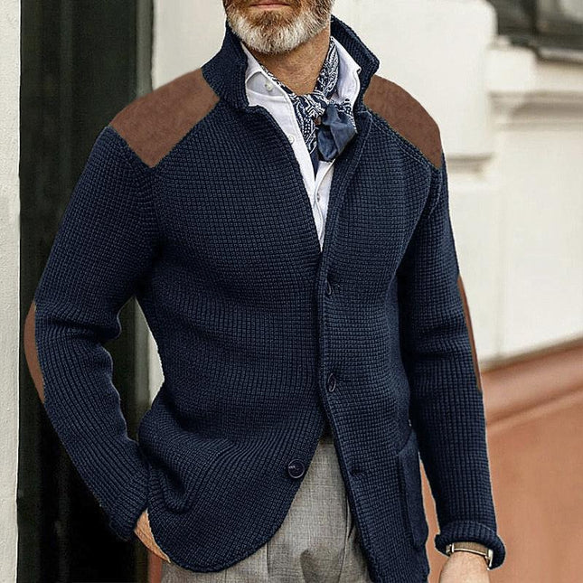 Men's Vintage Knitted Blazer | Stand Collar | Patchwork Detail | Slim Fit | Long Sleeve | Elegant Outerwear | Classic Style