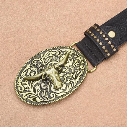 Men's Leather Belt | Western Cowboy Style | Vintage Rivet Embossed | Rugged Design | Genuine Leather | Adjustable Metal Buckle | Classic Brown & Tan Options | Durable Fashion Accessory for Casual Attire