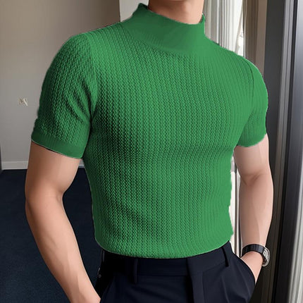 Men's Slim Fit Half Turtleneck Knitted Short Sleeve Tee | Solid Color | Lightweight Layering Top | Comfortable and Stylish | Semi-Formal and Casual Wear | Fall and Winter Fashion