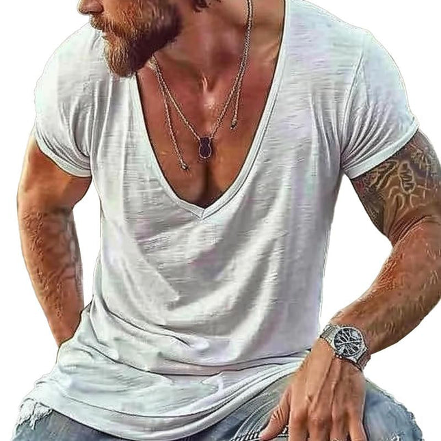 Men's Casual V Neck T-Shirt | Cotton Blend | Short Sleeve | Breathable Fabric | Versatile Solid Colors | Comfortable Fit | Easy Care | Durable Construction | Lightweight Summer Tee | Everyday Essential